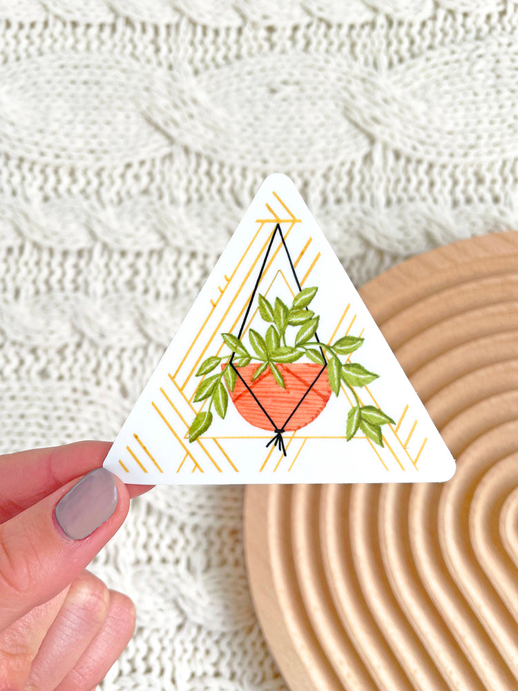 Hanging Plant Sticker 3x2.6 in. Vinyl printed stickers Waterproof Weatherproof Dishwasher safe. Great gift for plant lovers. Fun triangle philodendron plant sticker.