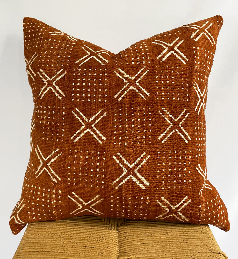 Orange Rust Authentic Mudcloth Pillow Linen Back 18x18