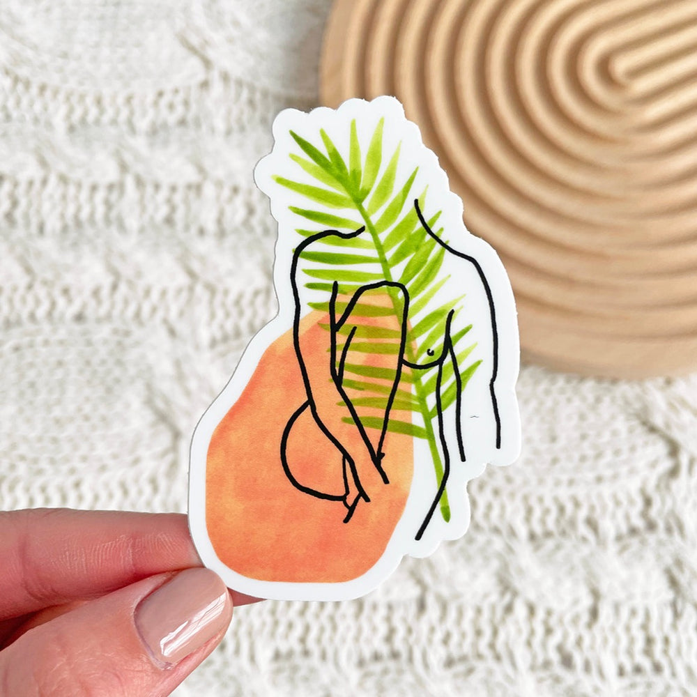 Jungle Woman 2 vinyl sticker. Palm leaf plant mom sticker, great plant lover sticker. Female figure empowerment sticker. Dishwasher safe water bottle sticker.