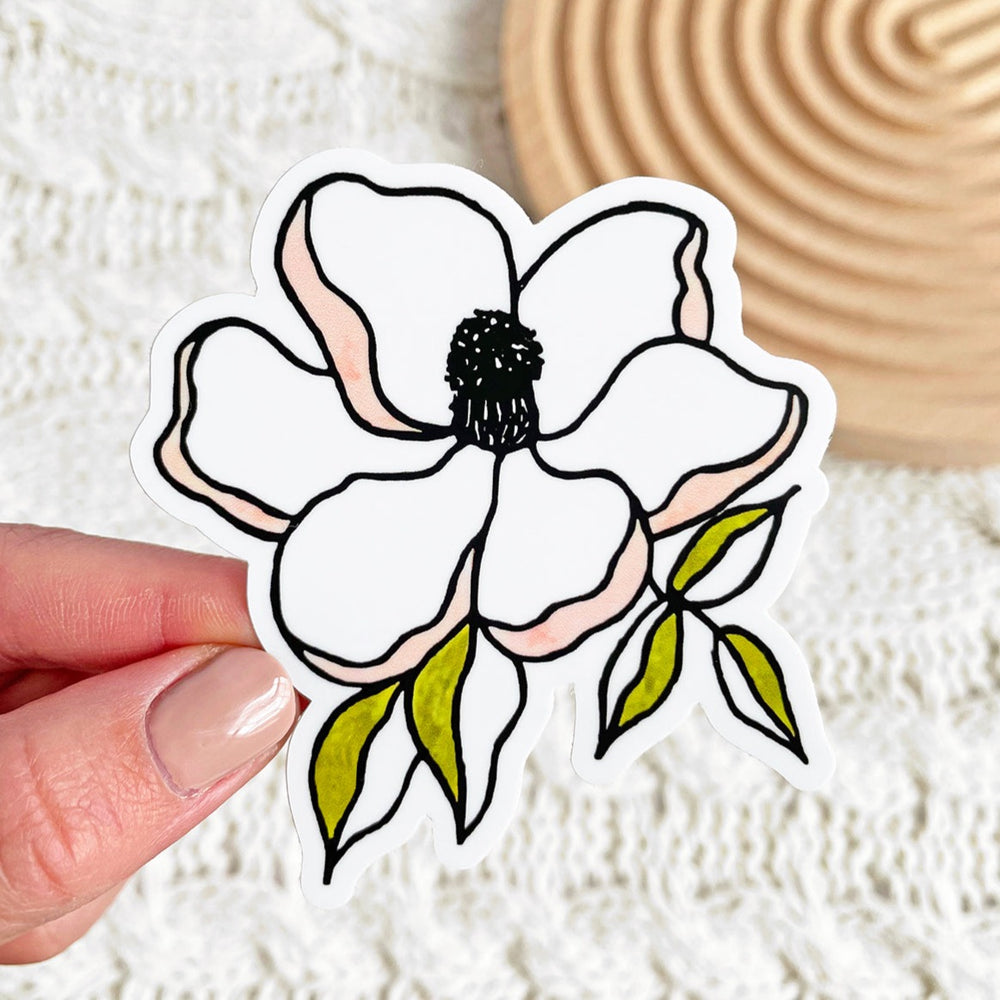 Magnolia Flower Sticker. Vinyl water bottle dishwasher safe sticker. Floral flower sticker. Magnolia Flowers mean dignity, spirituality, peace, and love of nature. Gifts for her, gift basket or box add on.