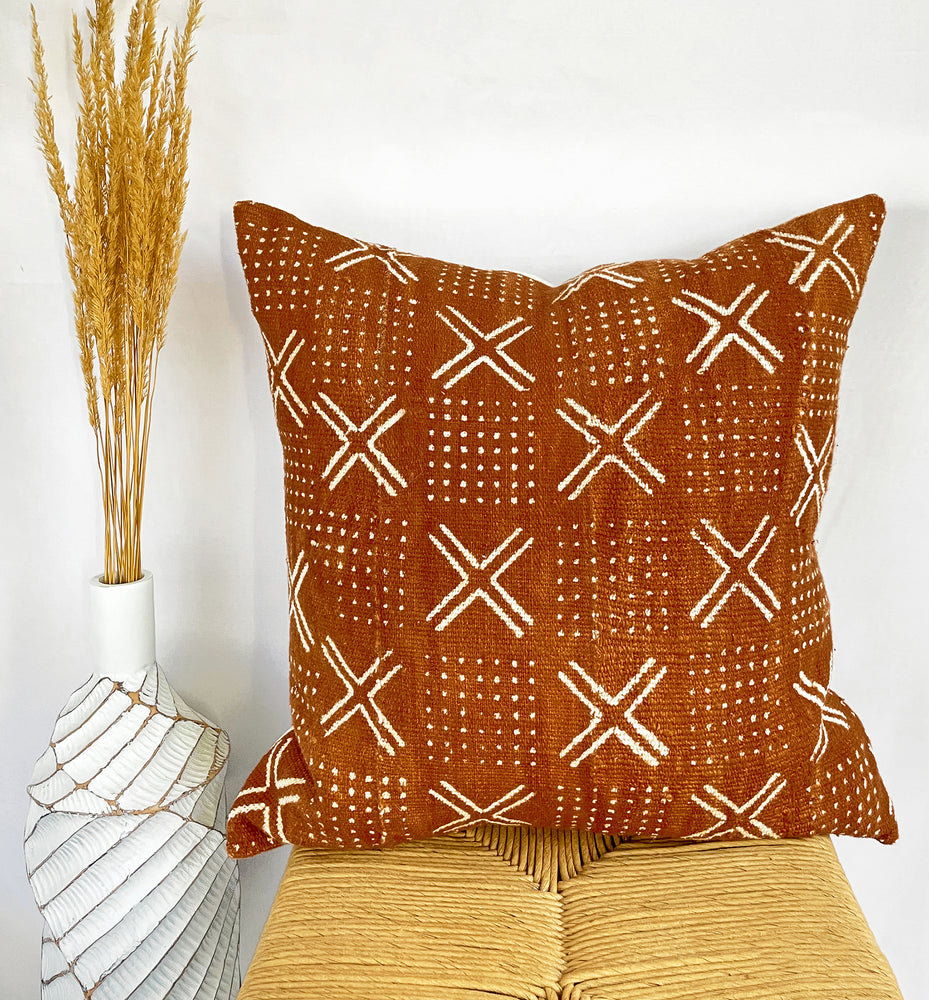 Rustic Orange Mudcloth Long Lumbar Pillow