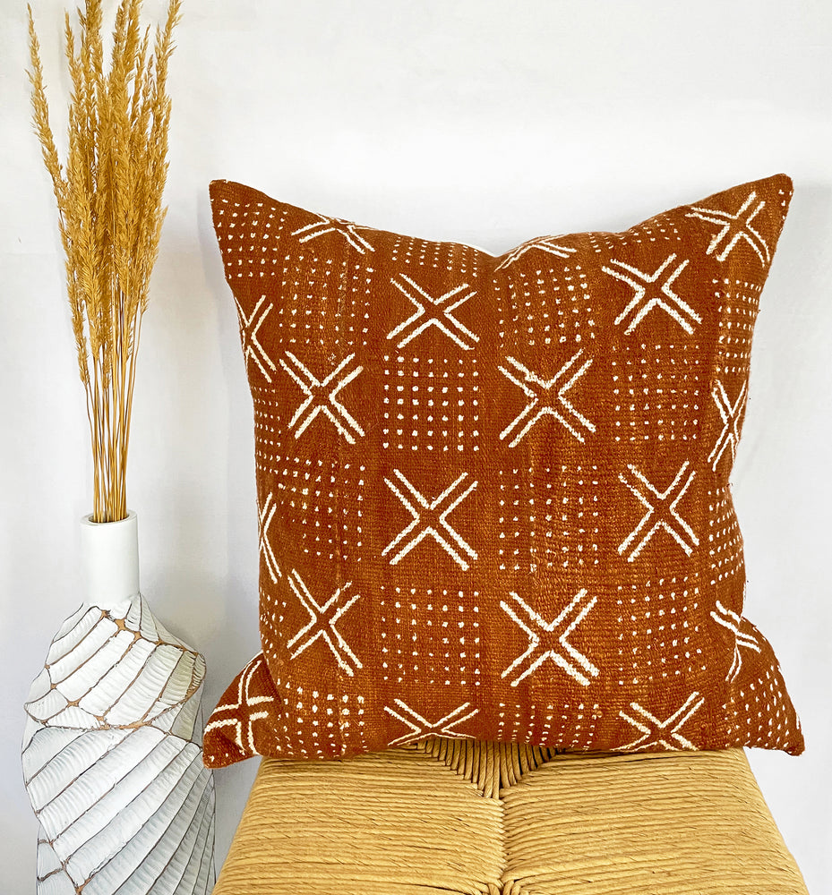 Authentic African Mudcloth Throw Pillow Cover Rust Orange
